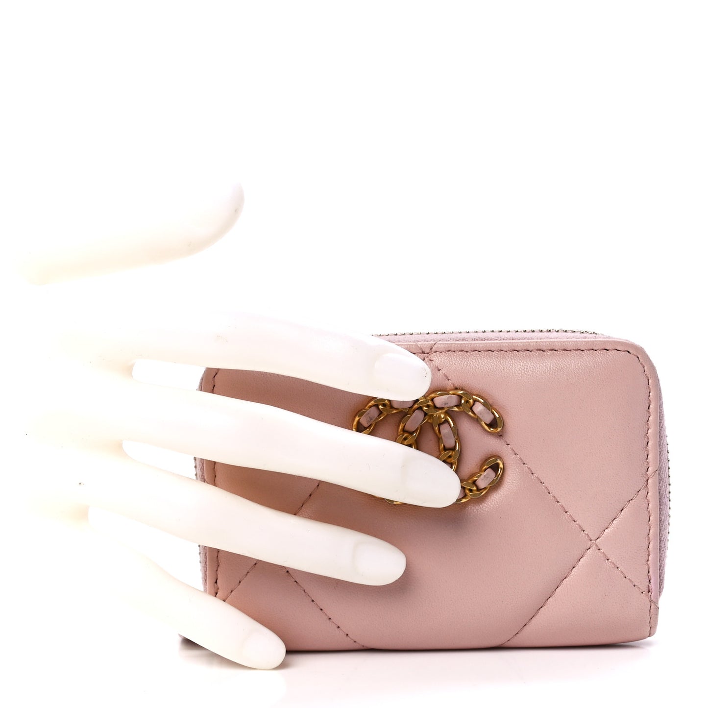 Lambskin Quilted 19 Zip Around Coin Purse Wallet Light Pink