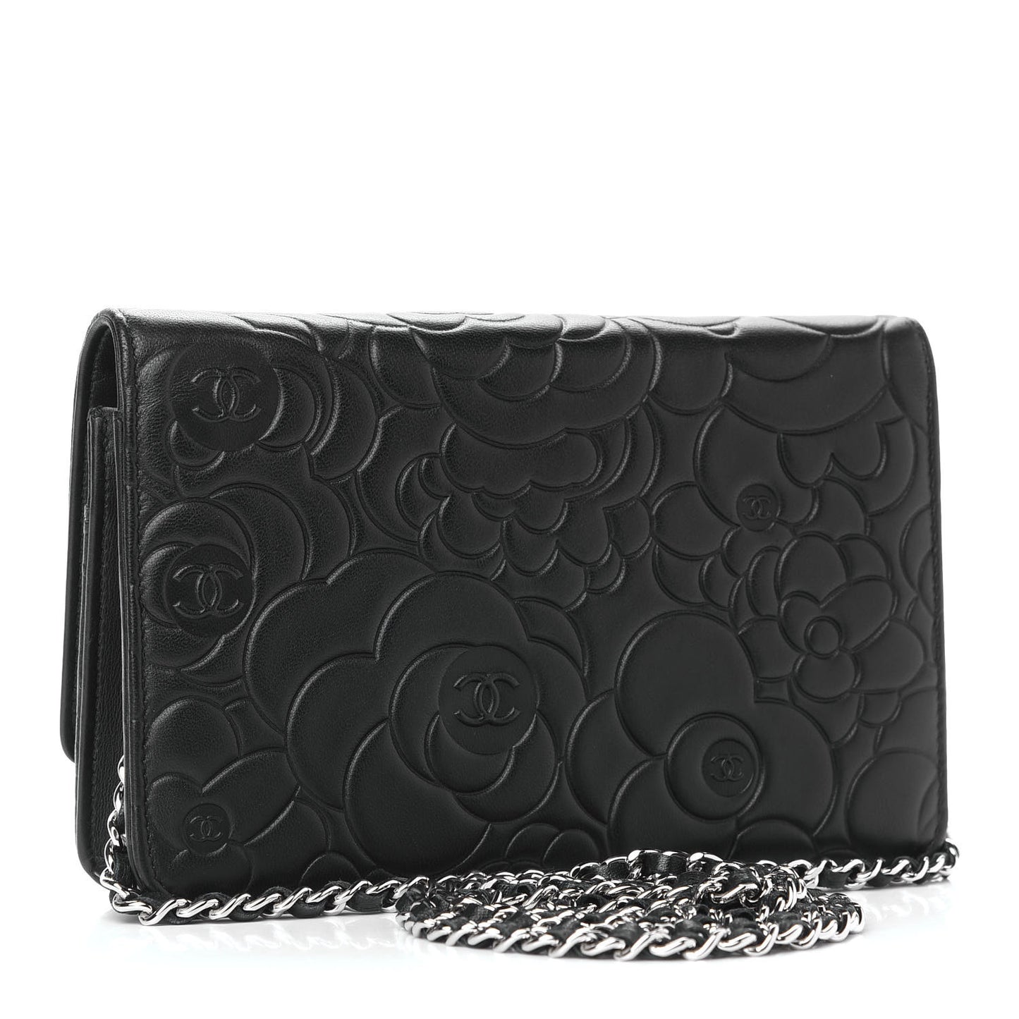 Lambskin Camellia Embossed Wallet on Chain WOC Black
