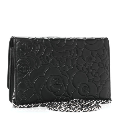 Chanel Lambskin Camellia Embossed Wallet on Chain WOC Black 3 of 9