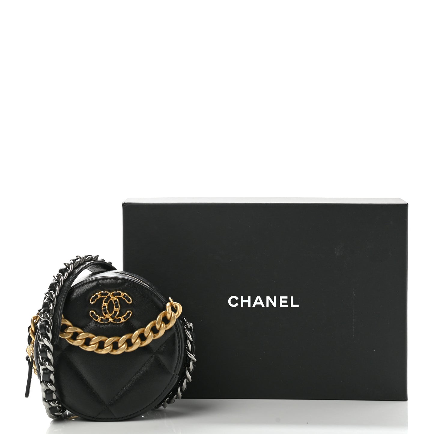 Shiny Goatskin Quilted Chanel 19 Round Clutch With Chain Black