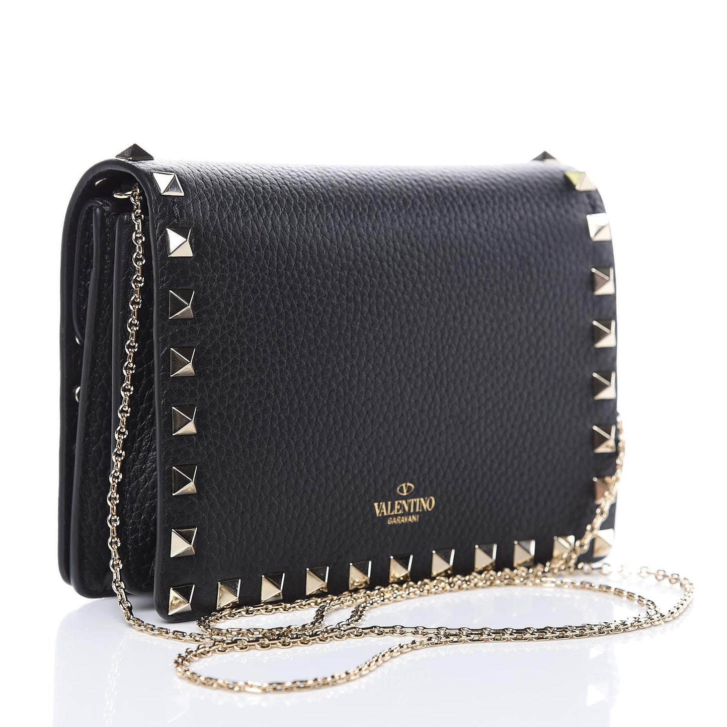 Pebbled Calfskin Rockstud Wallet on Chain Black