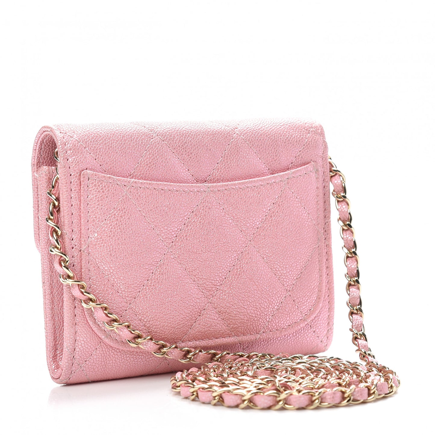 Iridescent Caviar Quilted Flap Card Holder On Chain Pink