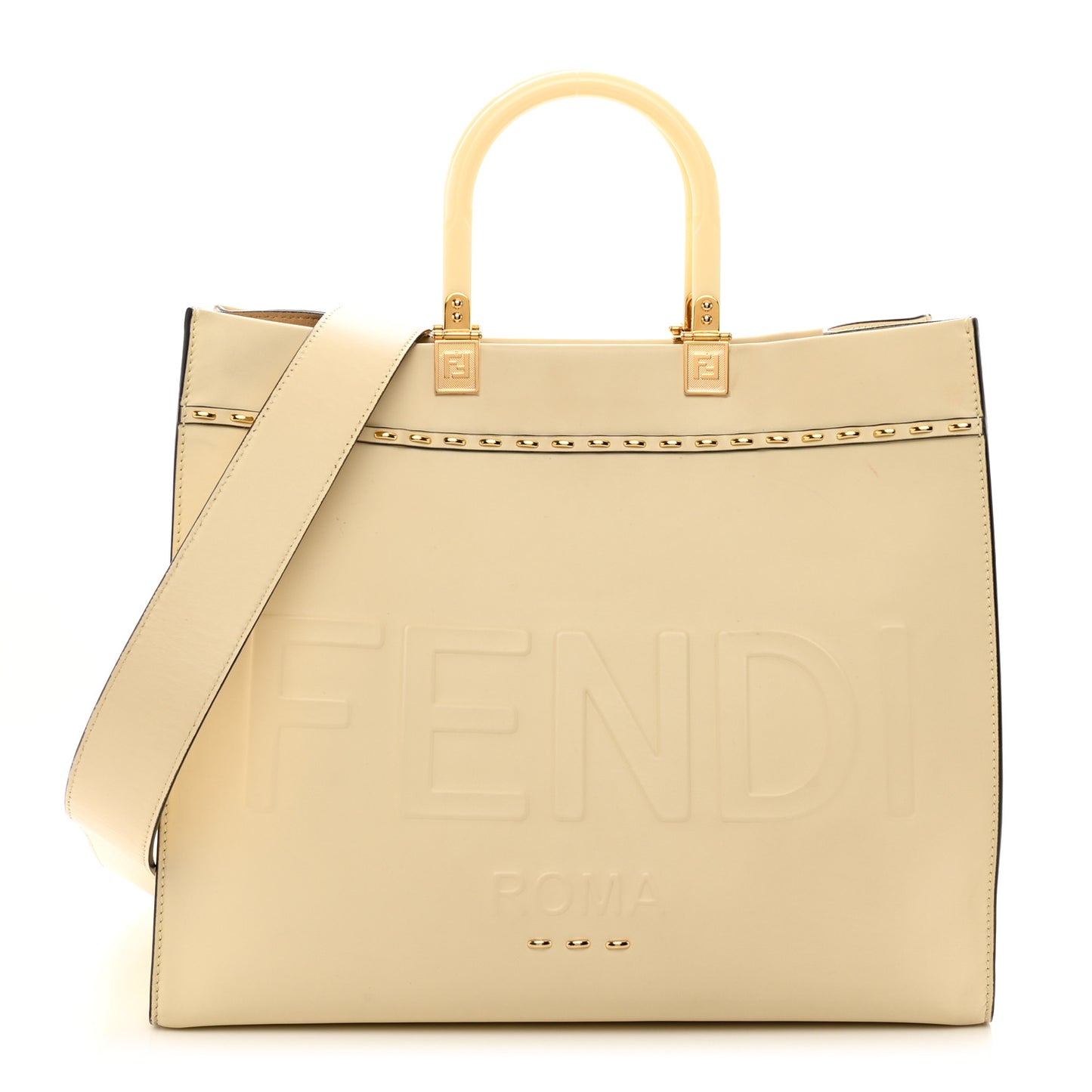 Vitello King Plexiglass Metal Stitch Logo Embossed Medium Fendi Sunshine Shopper Tote Pergamena