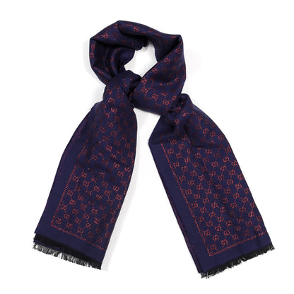 Gucci Wool Silk Jacquard GG Monogram Stenix Scarf Navy Red 1 of 4