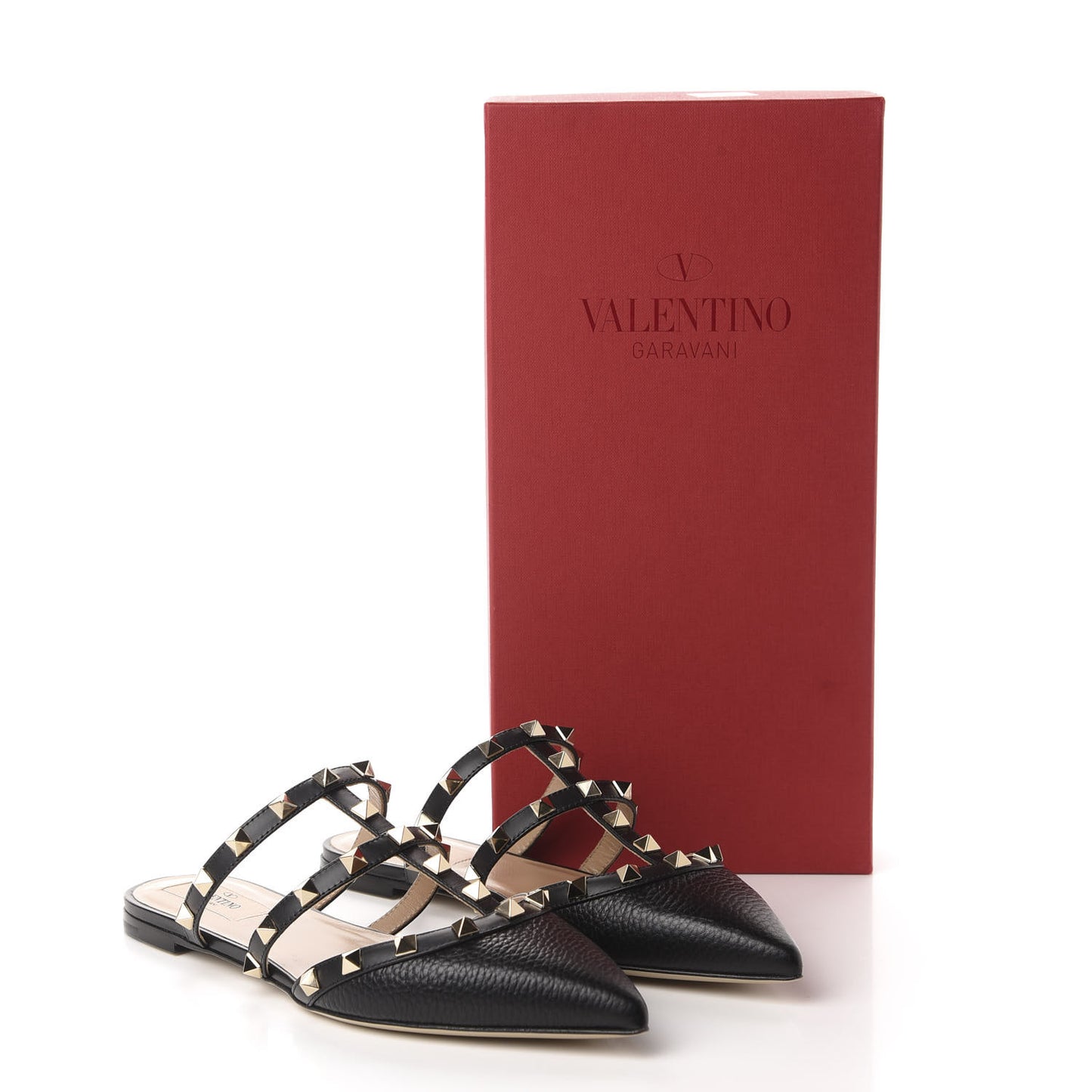 Pebbled Calfskin Rockstud Flat Cage Mules 36.5 Black