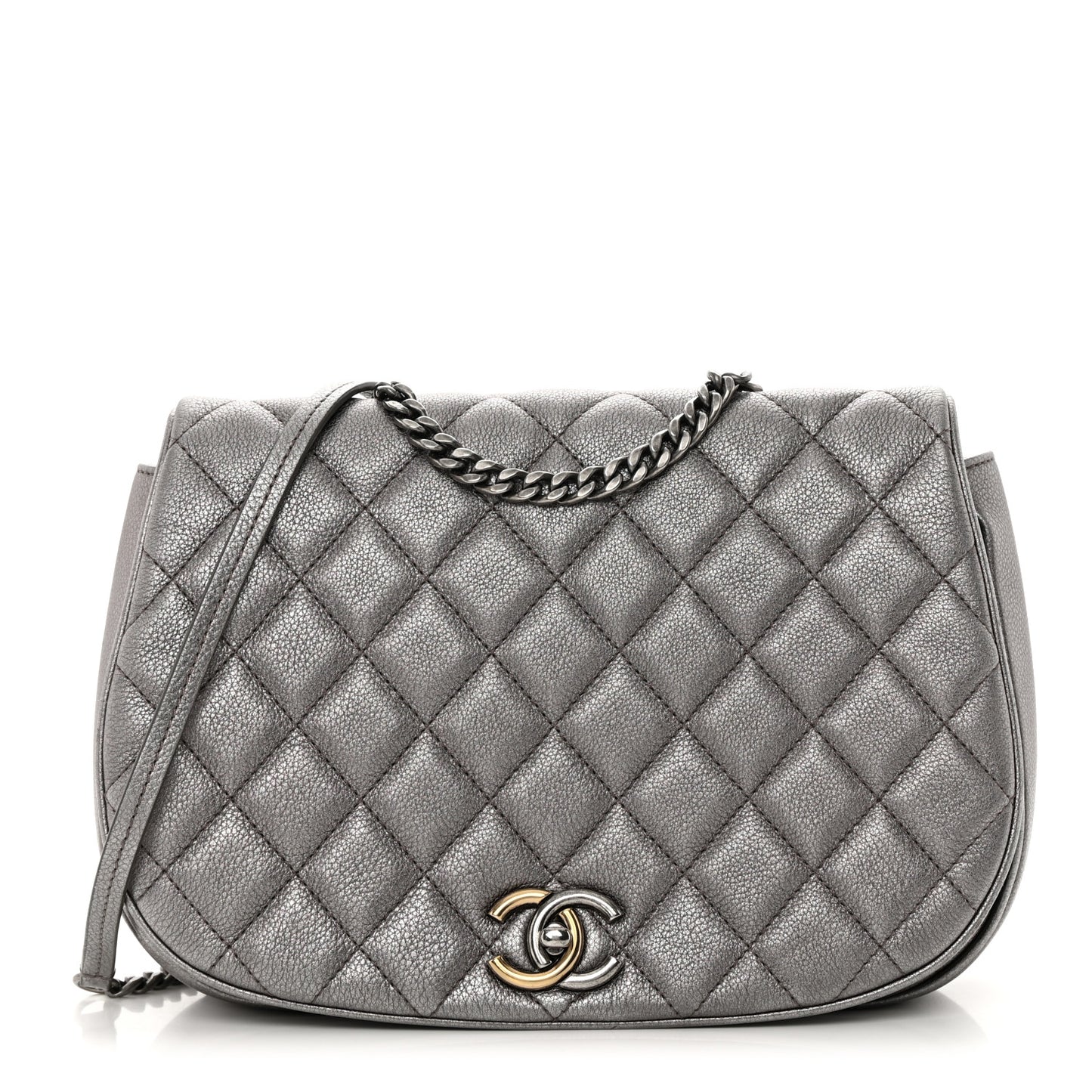 Metallic Calfskin Quilted Casual Pocket Messenger Flap Silver