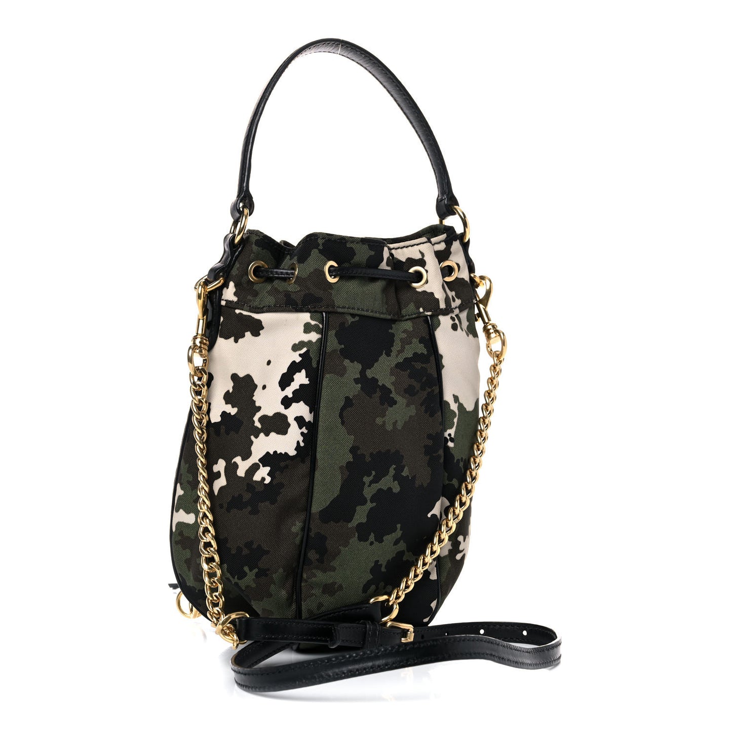 Canvas Calfskin Camo Print Drawstring Bucket Bag