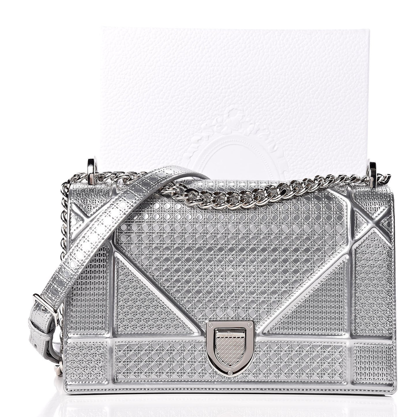 Metallic Patent Micro-Cannage Medium Diorama Flap Bag Silver