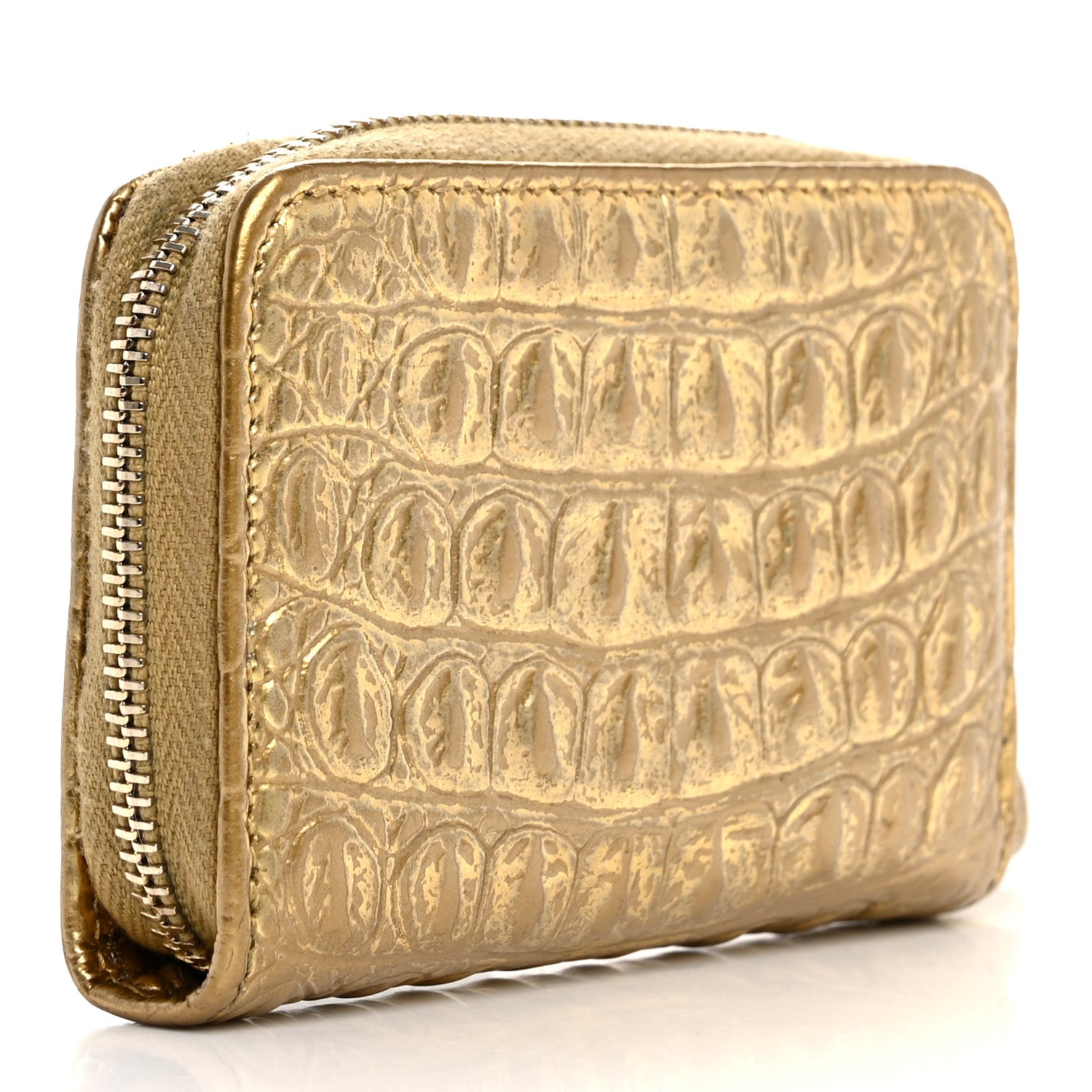 Chanel Metallic Calfskin Crocodile Embossed Cocodile Zip Coin Case Gold 3 of 10