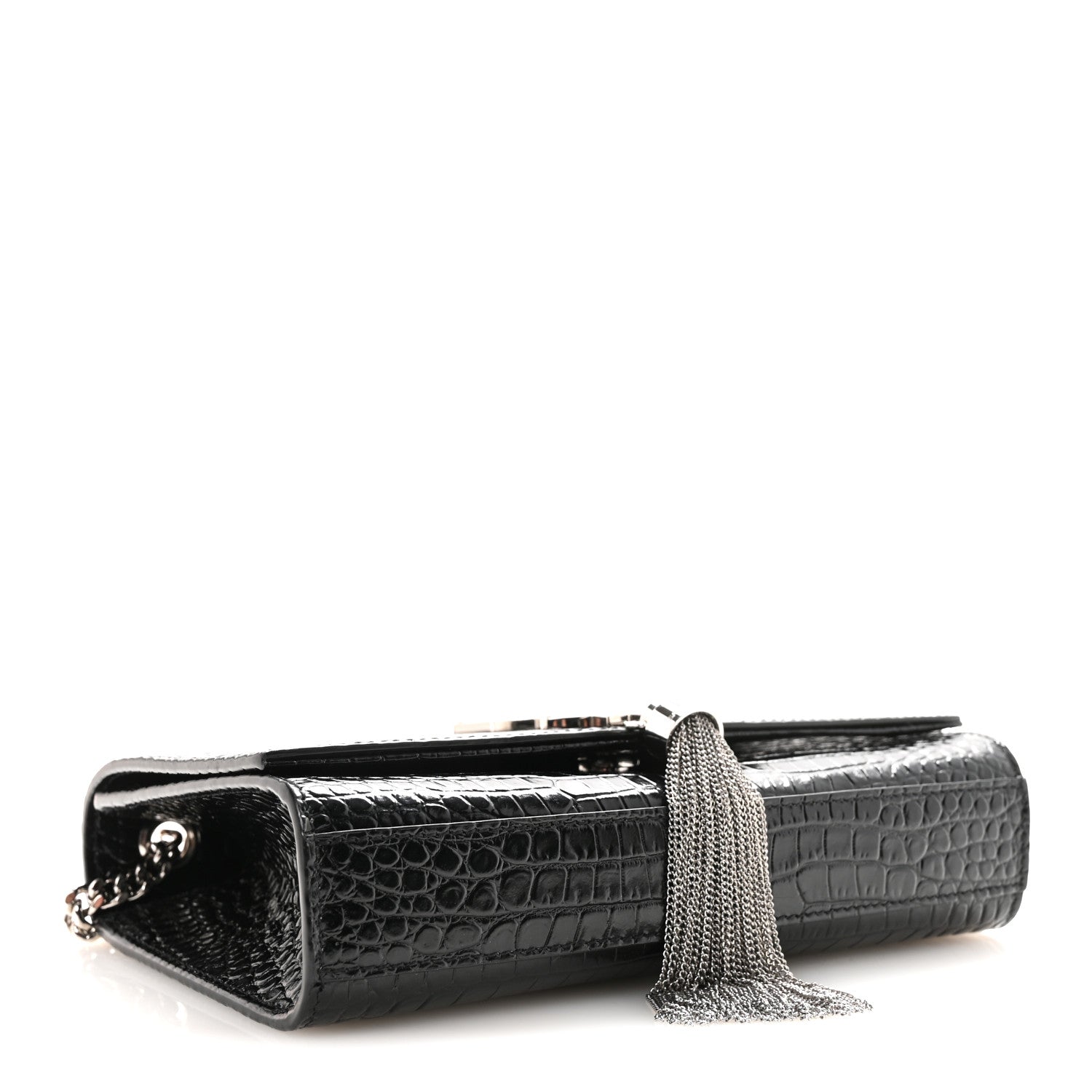 Saint Laurent Calfskin Crocodile Embossed Small Classic Monogram Kate Tassel Satchel Black 4 of 9