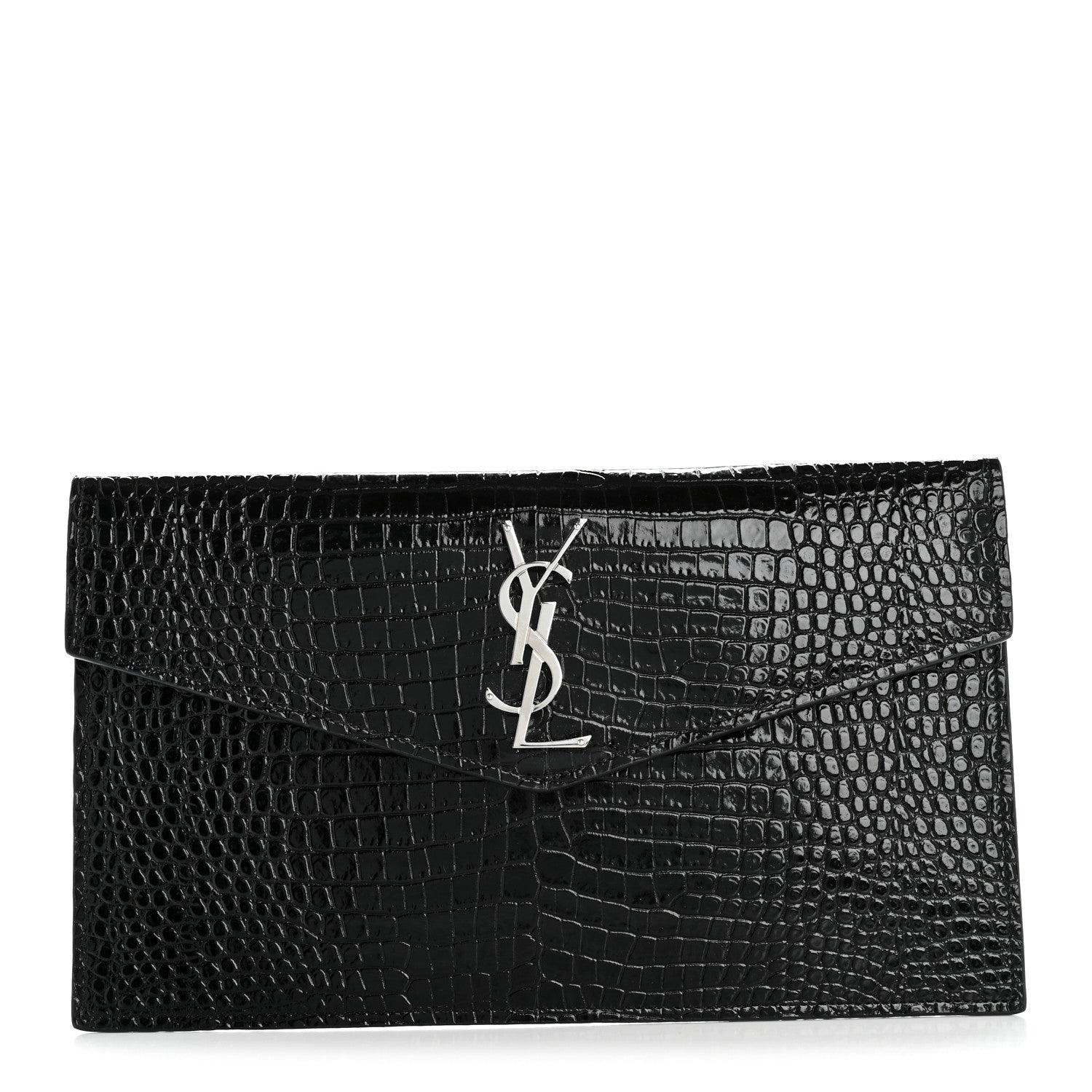 Saint Laurent Calfskin Crocodile Embossed Uptown Monogram Pouch Black 1 of 7