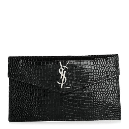 Saint Laurent Calfskin Crocodile Embossed Uptown Monogram Pouch Black 1 of 7