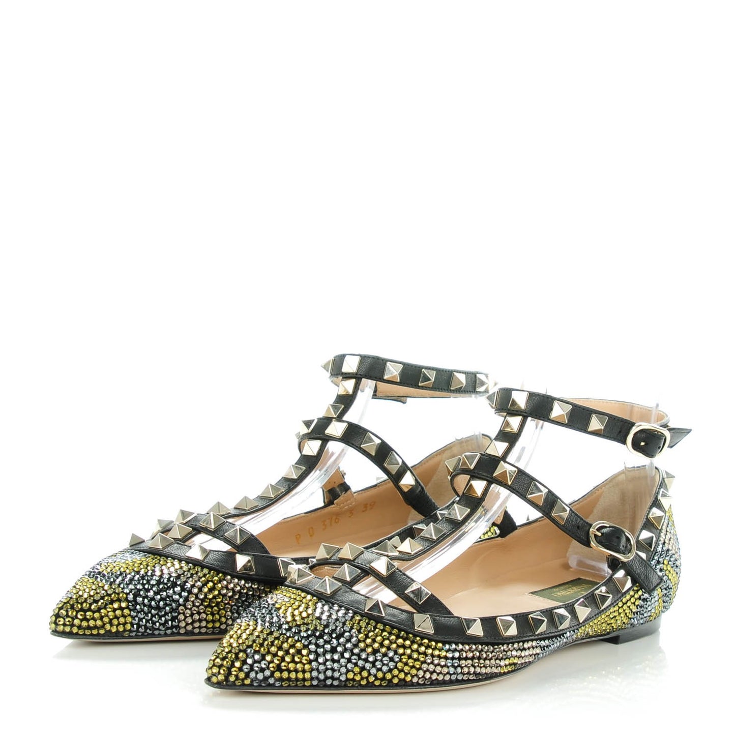 Crystal Camouflage Rockstud Cage Ballerina Flats 39 Black