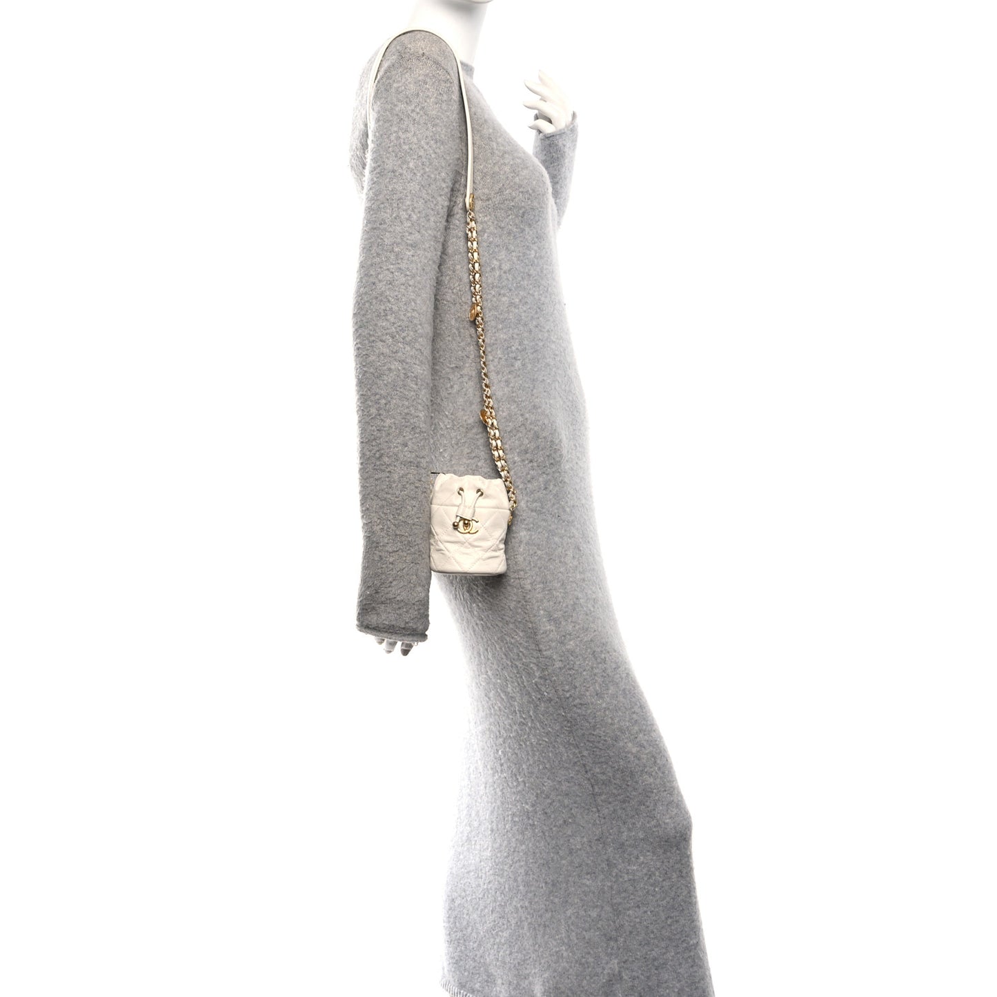 Caviar Quilted Twist Your Buttons Mini Bucket Bag White