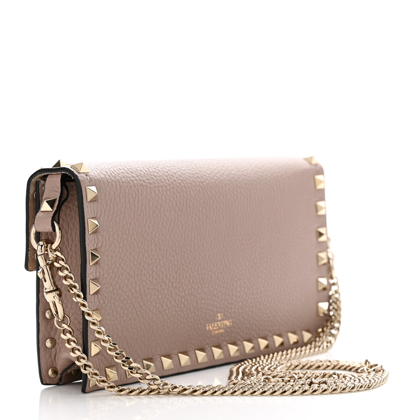Pebbled Calfskin Rockstud Flap Wallet On Chain Poudre