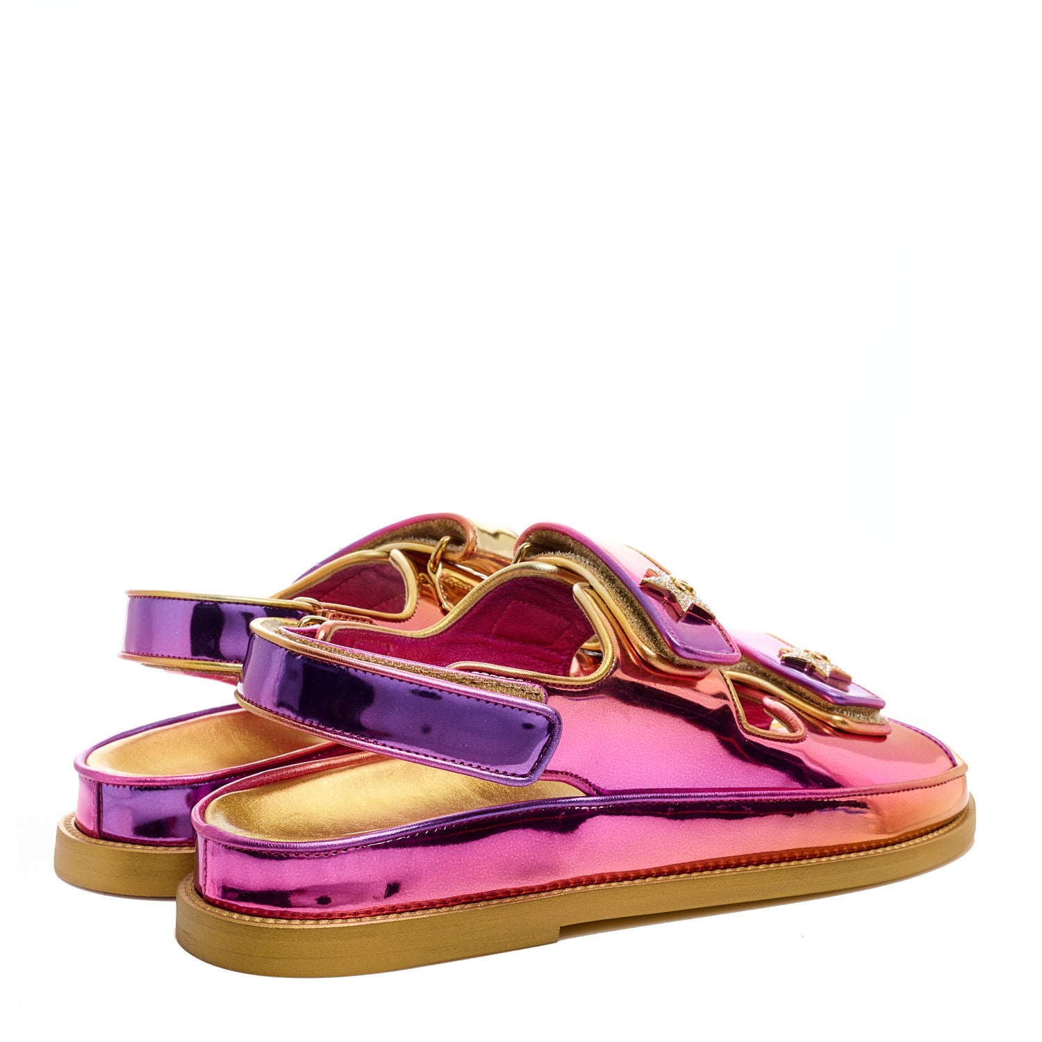 Chanel Metallic Laminated Calfskin Crystal Star CC Velcro Dad Sandals 40 Gold Multicolor 4 of 10