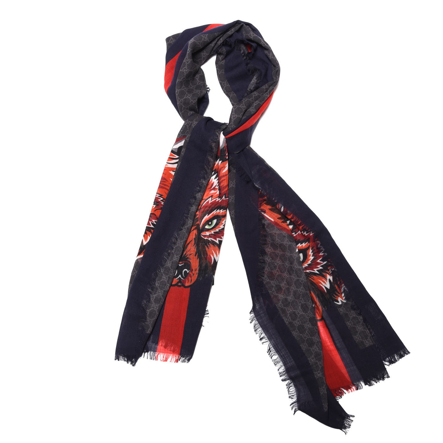 Gucci Wool Monogram Wolf Web Scarf Blue Red 1 of 6