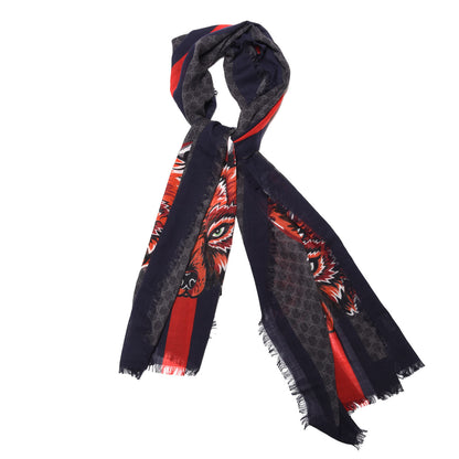 Gucci Wool Monogram Wolf Web Scarf Blue Red 1 of 6
