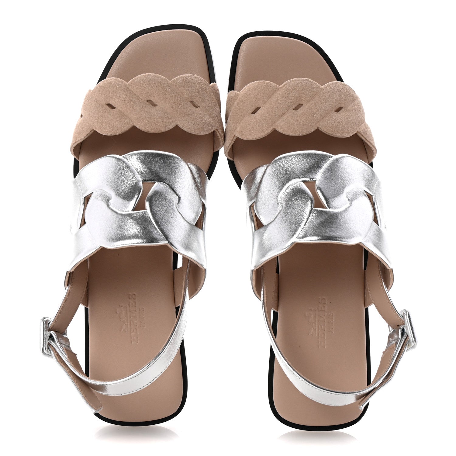 Hermes Metallic Nappa Chevre Velours Womens Grace Sandals 36.5 Gris Argente Beige 2 of 10