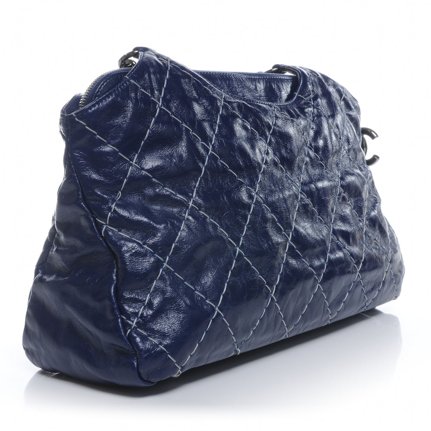 Glazed Goatskin Double Stitch Shoulder Bag Navy Blue