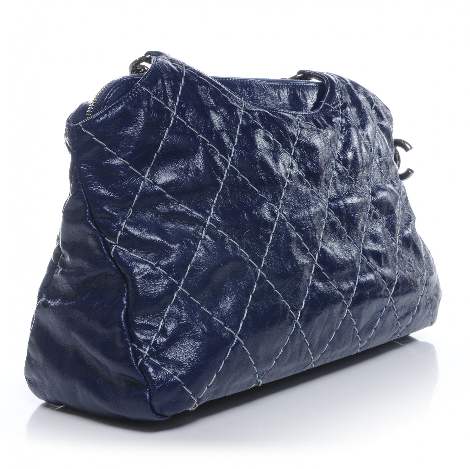 Chanel Glazed Goatskin Double Stitch Shoulder Bag Navy Blue 3 of 7