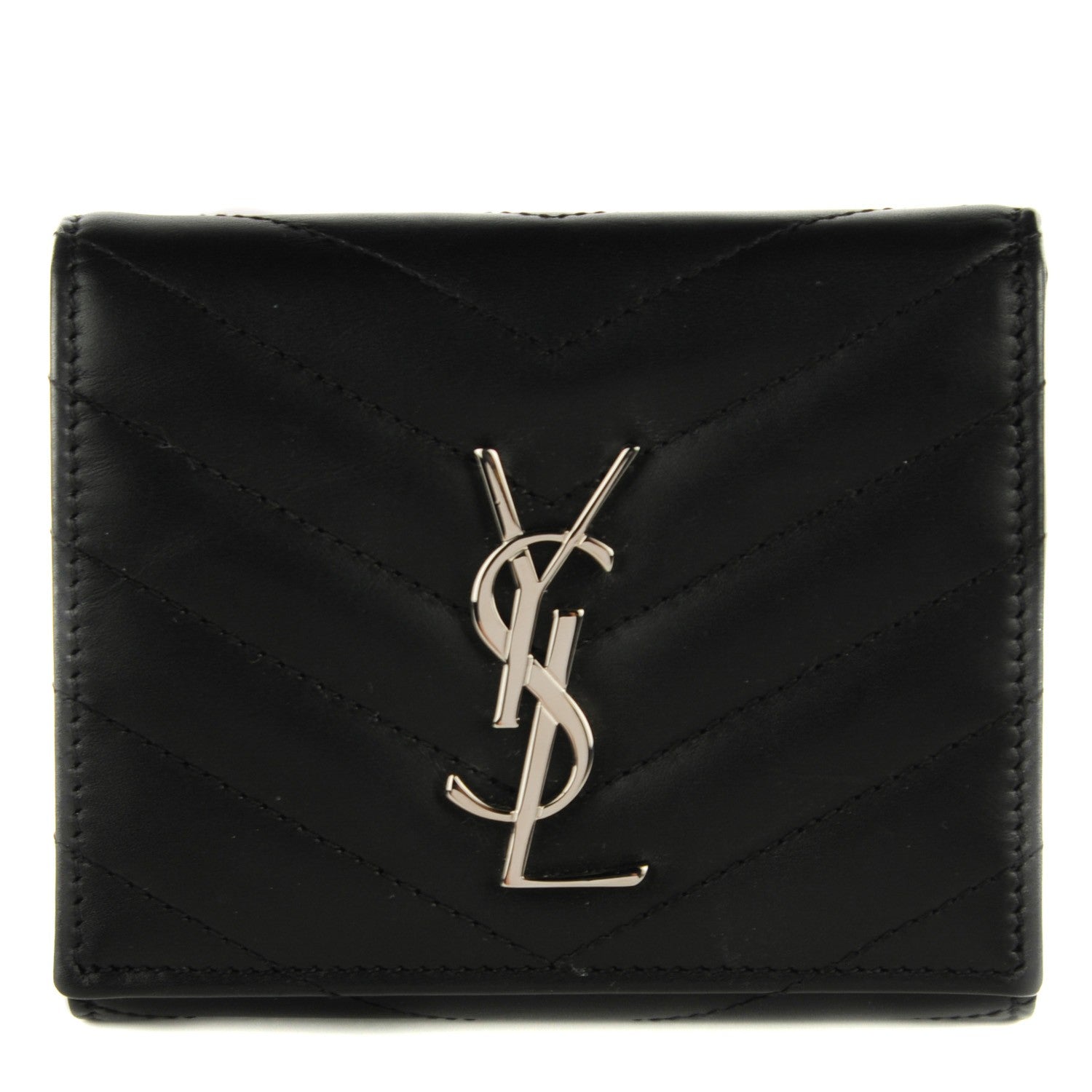 Saint Laurent Grain De Poudre Matelasse Chevron Monogram Compact Wallet Black 1 of 7