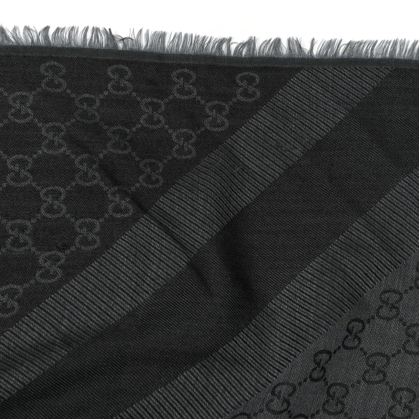 Wool Silk Monogram GGWeb Fringe Shawl Black Medium Grey