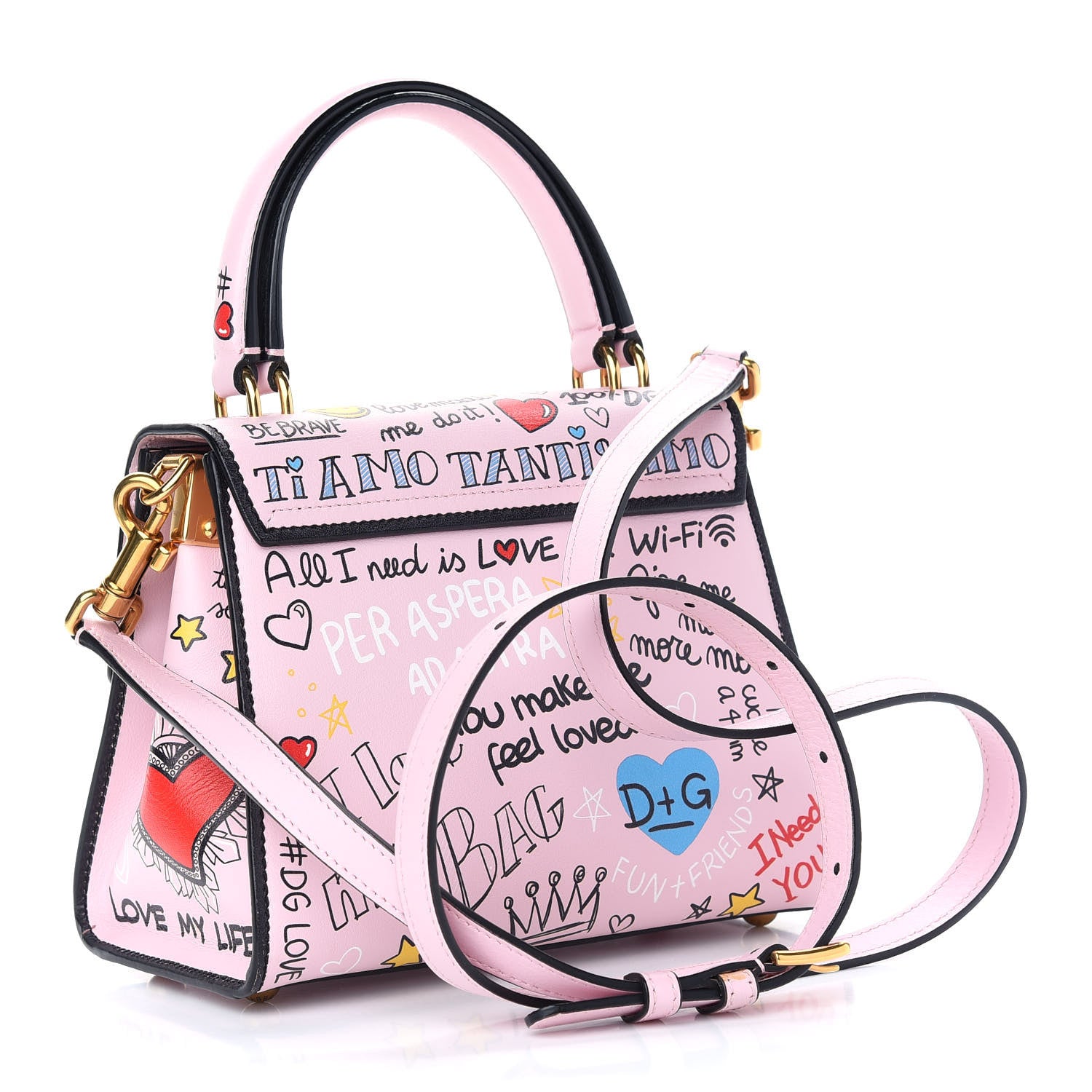 Dolce & Gabbana Calfskin Graffiti Printed Welcome Satchel Pink Black 3 of 8
