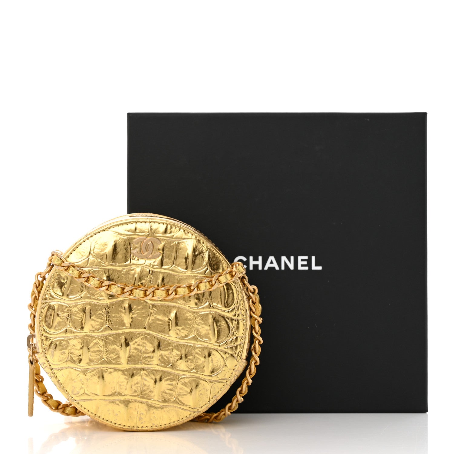 Chanel Metallic Calfskin Crocodile Embossed Cocodile Round Clutch with Chain Gold 12 of 12