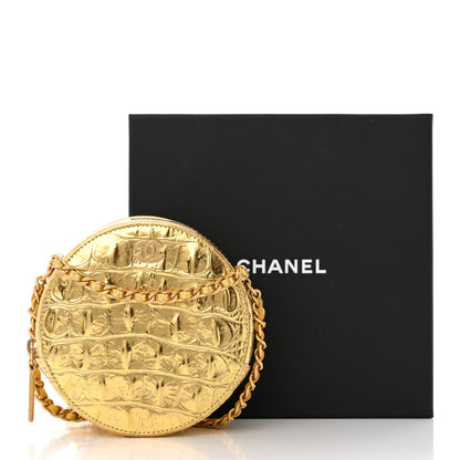 Chanel Metallic Calfskin Crocodile Embossed Cocodile Round Clutch with Chain Gold 12 of 12
