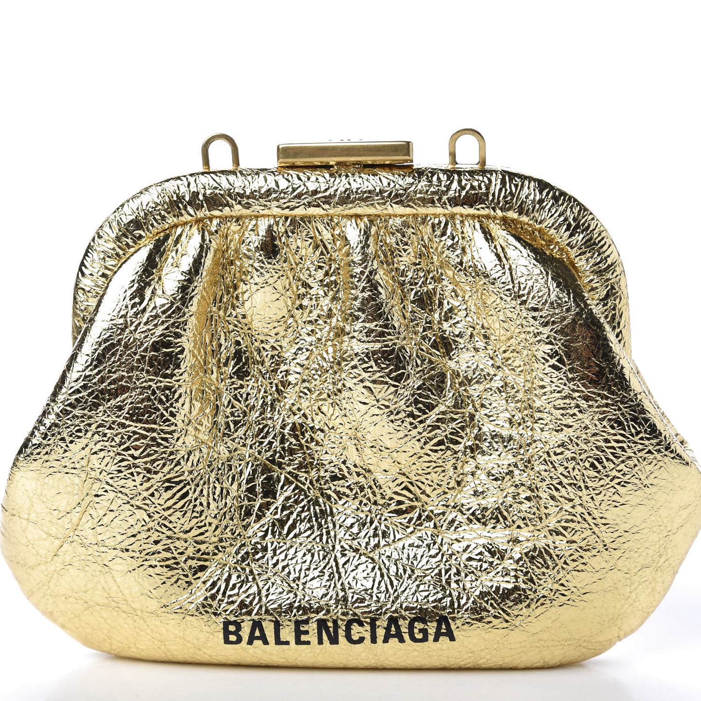 Metallic Textured Calfskin Logo Cloud Coin Purse With Strap Gold