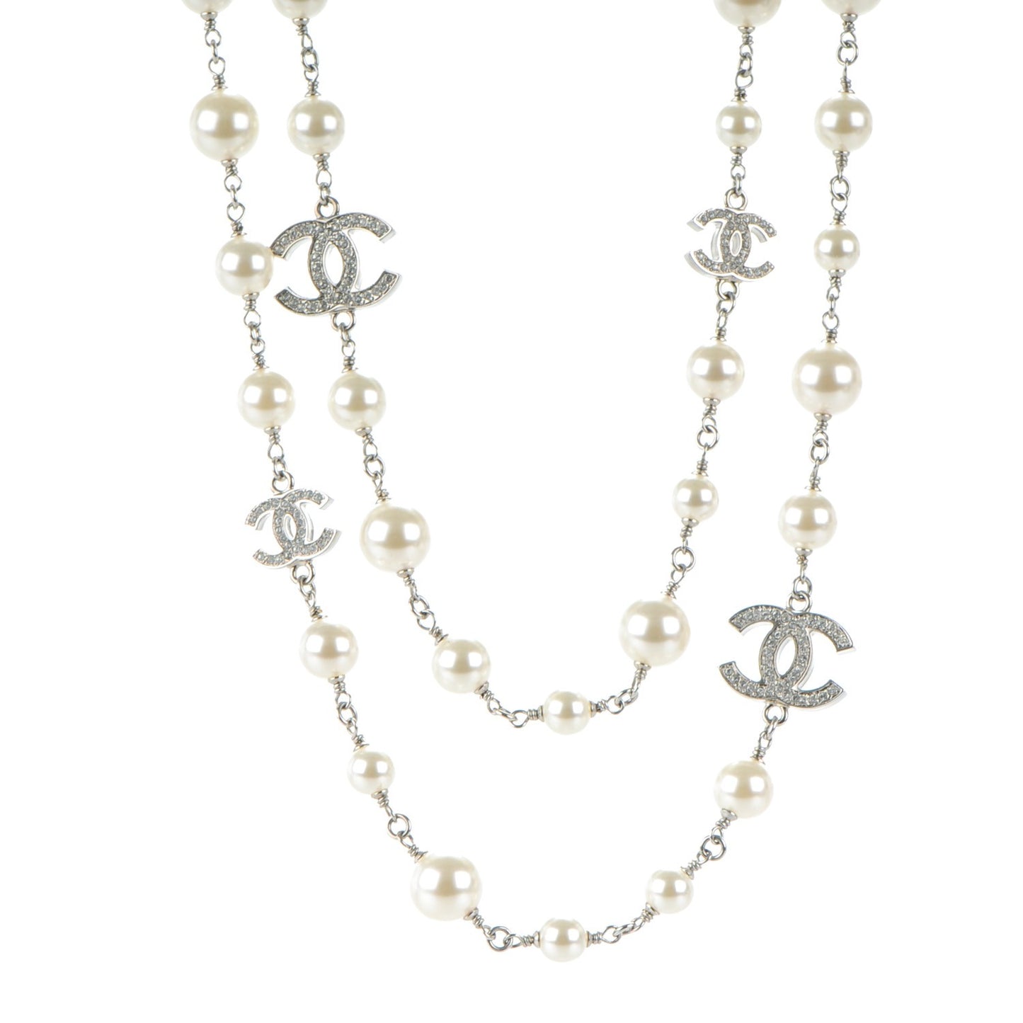 Crystal Pearl CC Long Necklace Silver