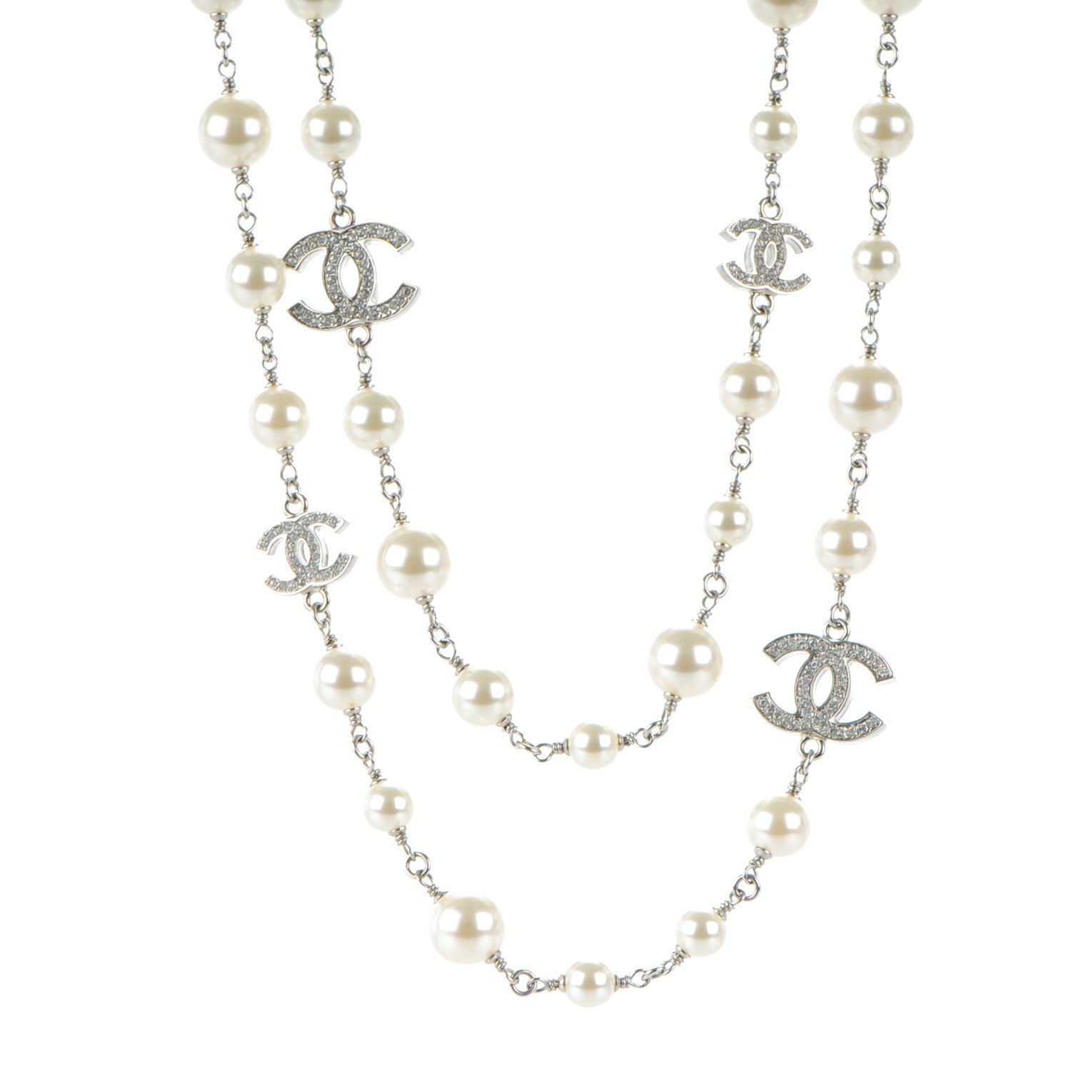 Chanel Crystal Pearl CC Long Necklace Silver 1 of 4