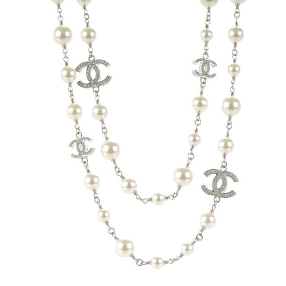 Chanel Crystal Pearl CC Long Necklace Silver 1 of 4