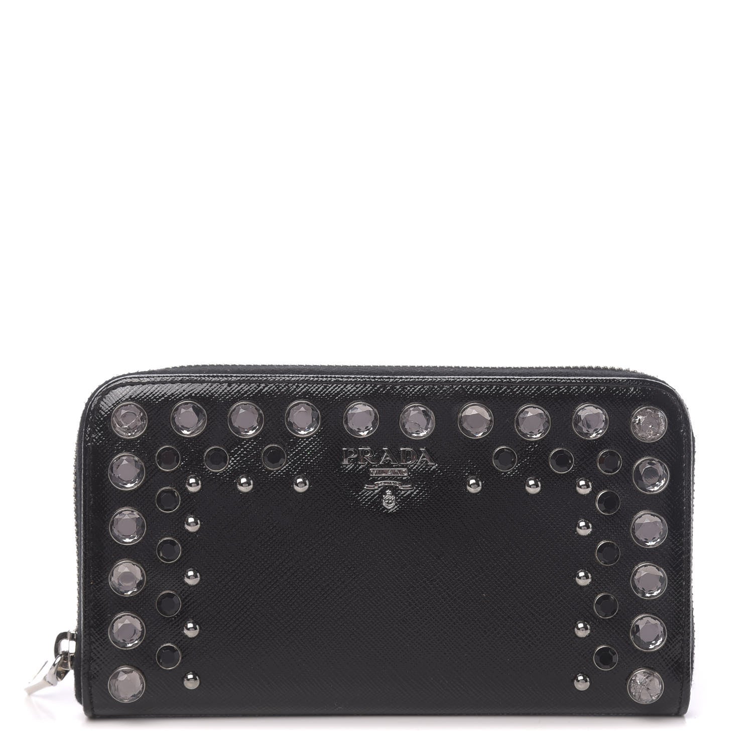 Prada Saffiano Vernice Crystal Studded Zip Around Wallet Black 1 of 6