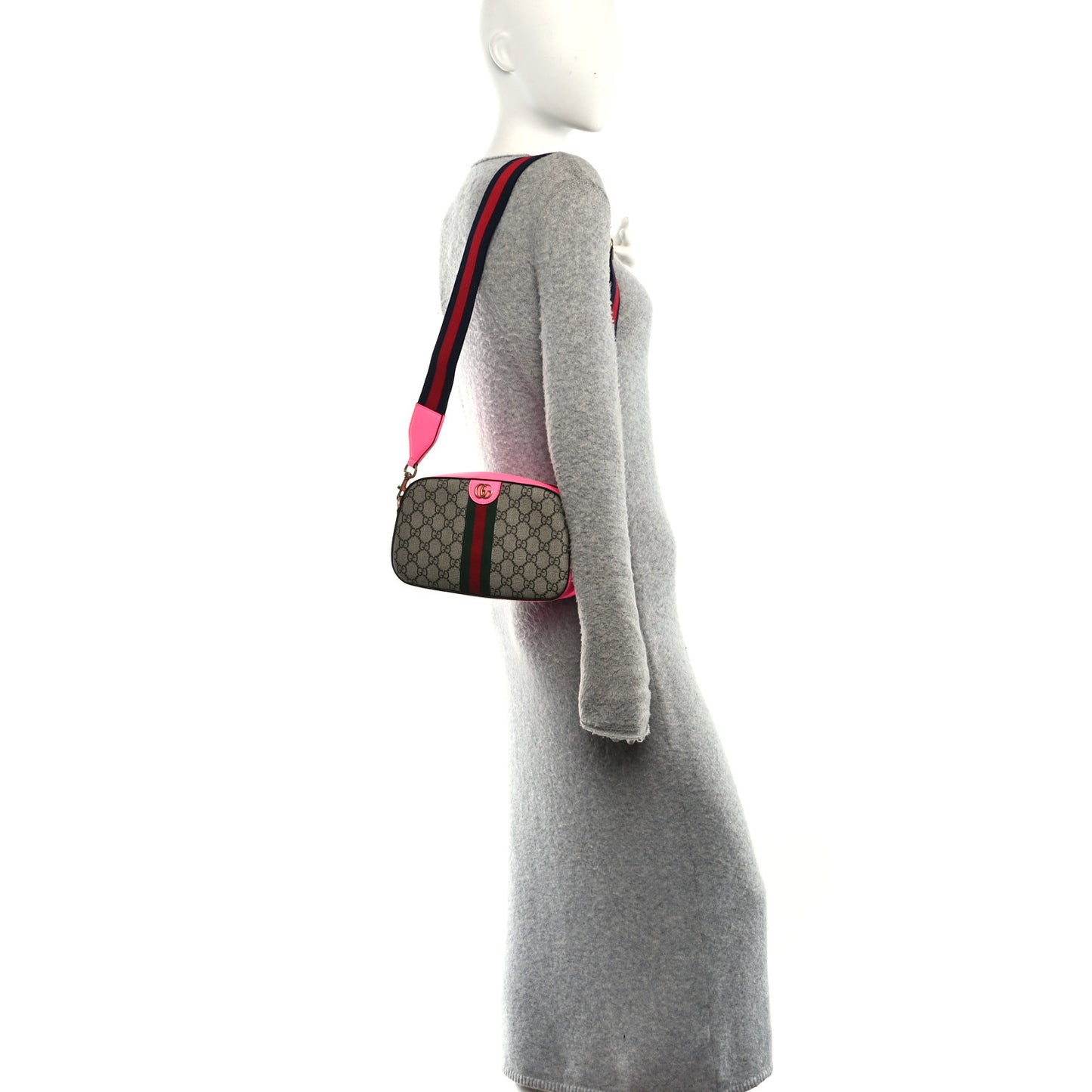 GG Supreme Monogram Textured Dollar Calfskin Web Ophidia Wristlet Shoulder Bag Beige Ebony Fuchsia