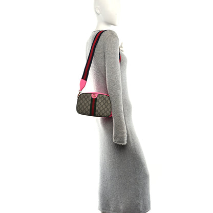Gucci GG Supreme Monogram Textured Dollar Calfskin Web Ophidia Wristlet Shoulder Bag Beige Ebony Fuchsia 2 of 10