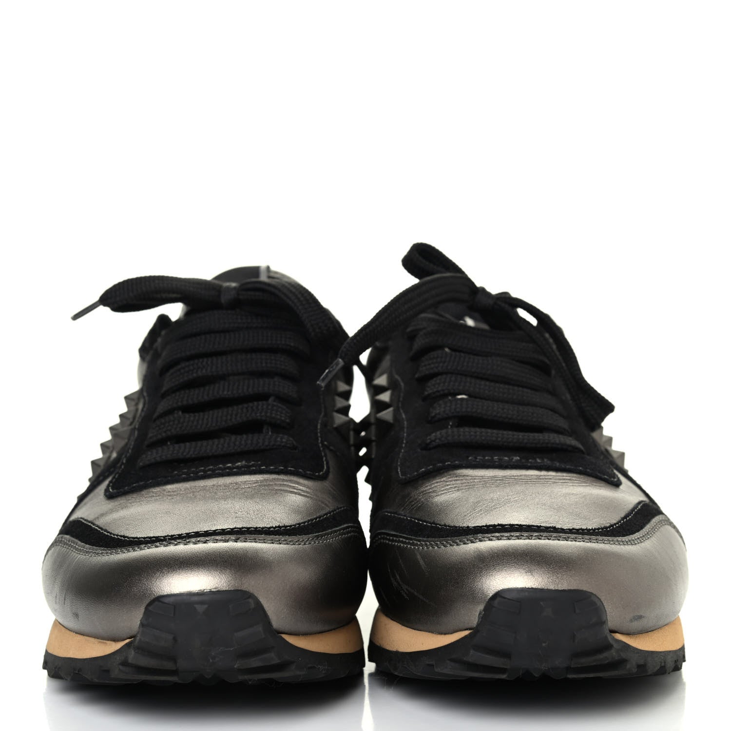 Valentino Garavani Calfskin Suede Mens Rockstud Sneakers 39 Gold Black 2 of 4