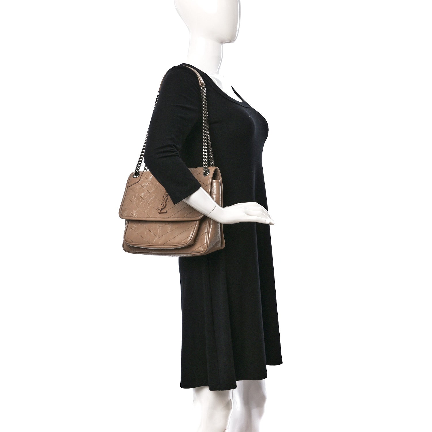Saint Laurent Crinkled Calfskin Matelasse Monogram Medium Niki Chain Satchel Gold Sand 2 of 12