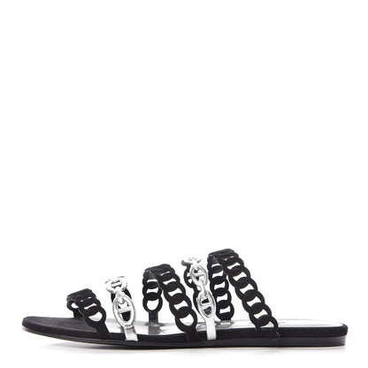 Hermes Metallic Nappa Suede Goatskin Nude Sandals 38.5 Argent Black 1 of 8