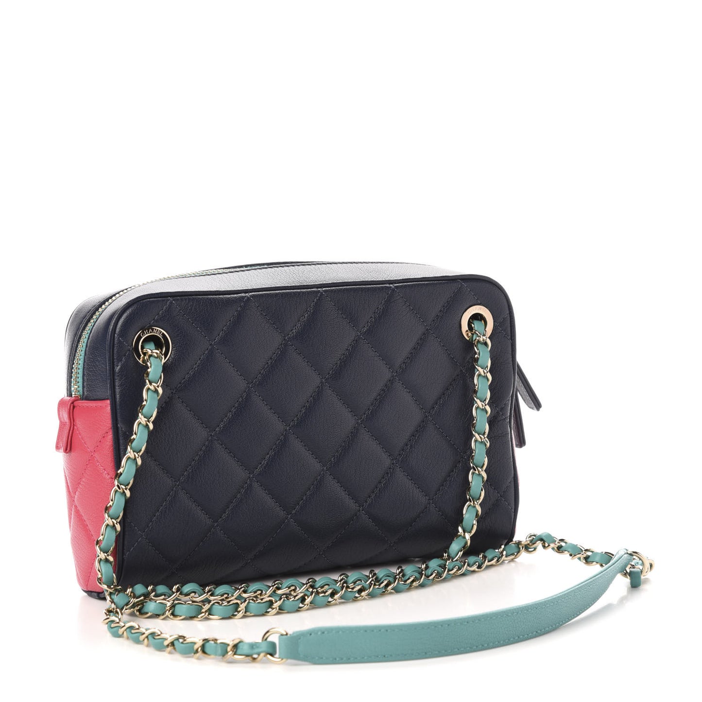 Goatskin Quilted Tri-Color Small In & Out Camera Case Navy Turquoise Pink