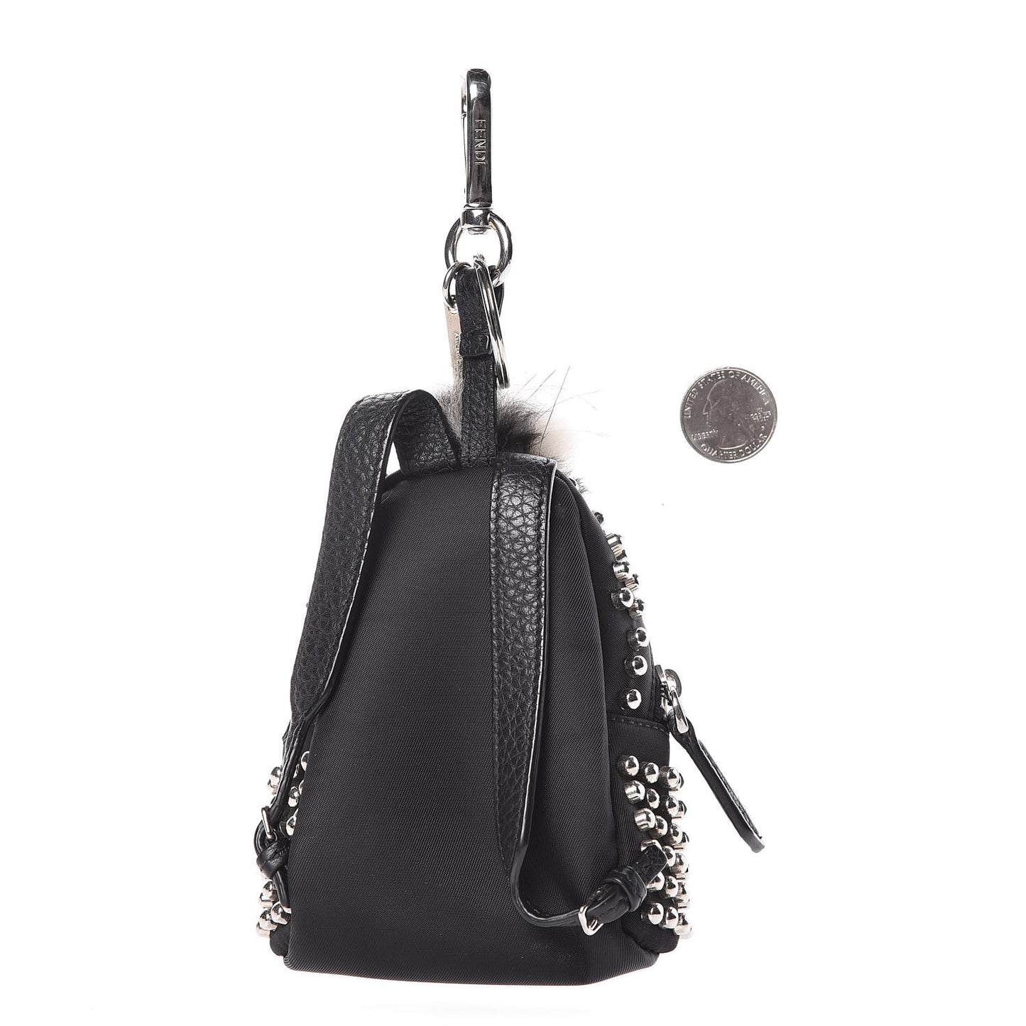 Nylon Nutria Fox Fur Studded Monster Eyes Mini Backpack Charm Argento Black Red