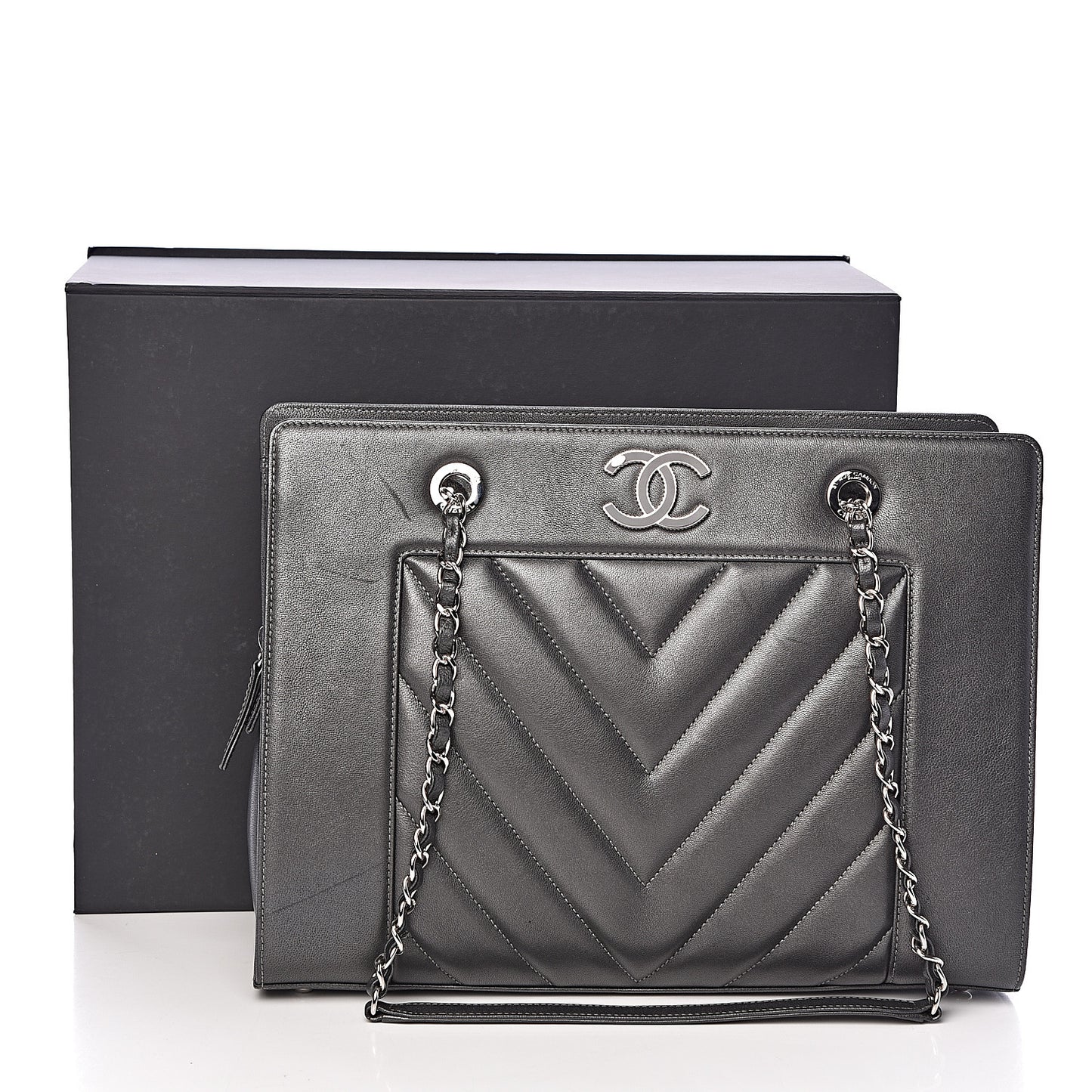 Sheepskin Chevron Quilted Mademoiselle Vintage Shopping Tote Dark Grey