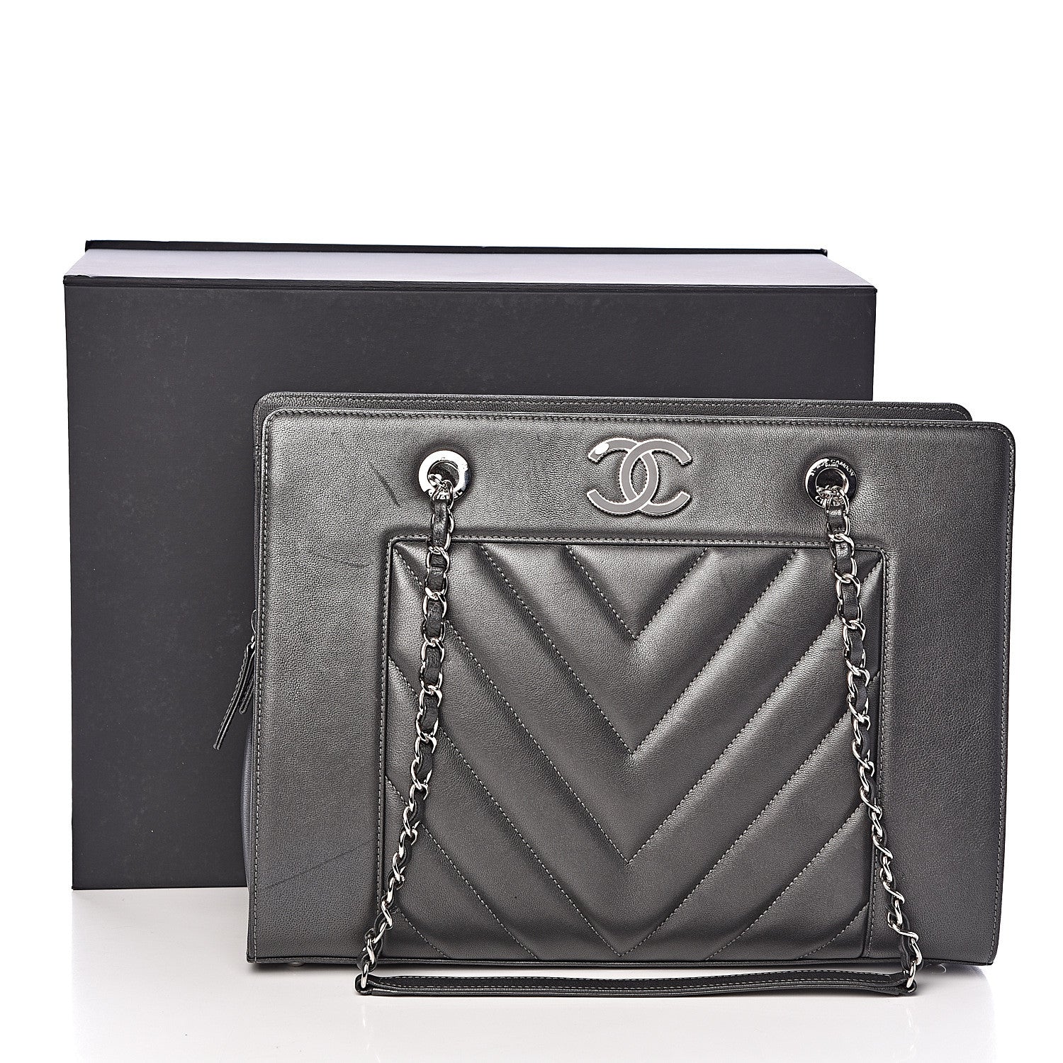 Chanel Sheepskin Chevron Quilted Mademoiselle Vintage Shopping Tote Dark Grey 11 of 11