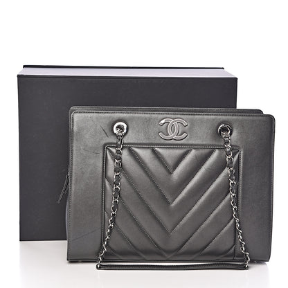 Chanel Sheepskin Chevron Quilted Mademoiselle Vintage Shopping Tote Dark Grey 11 of 11