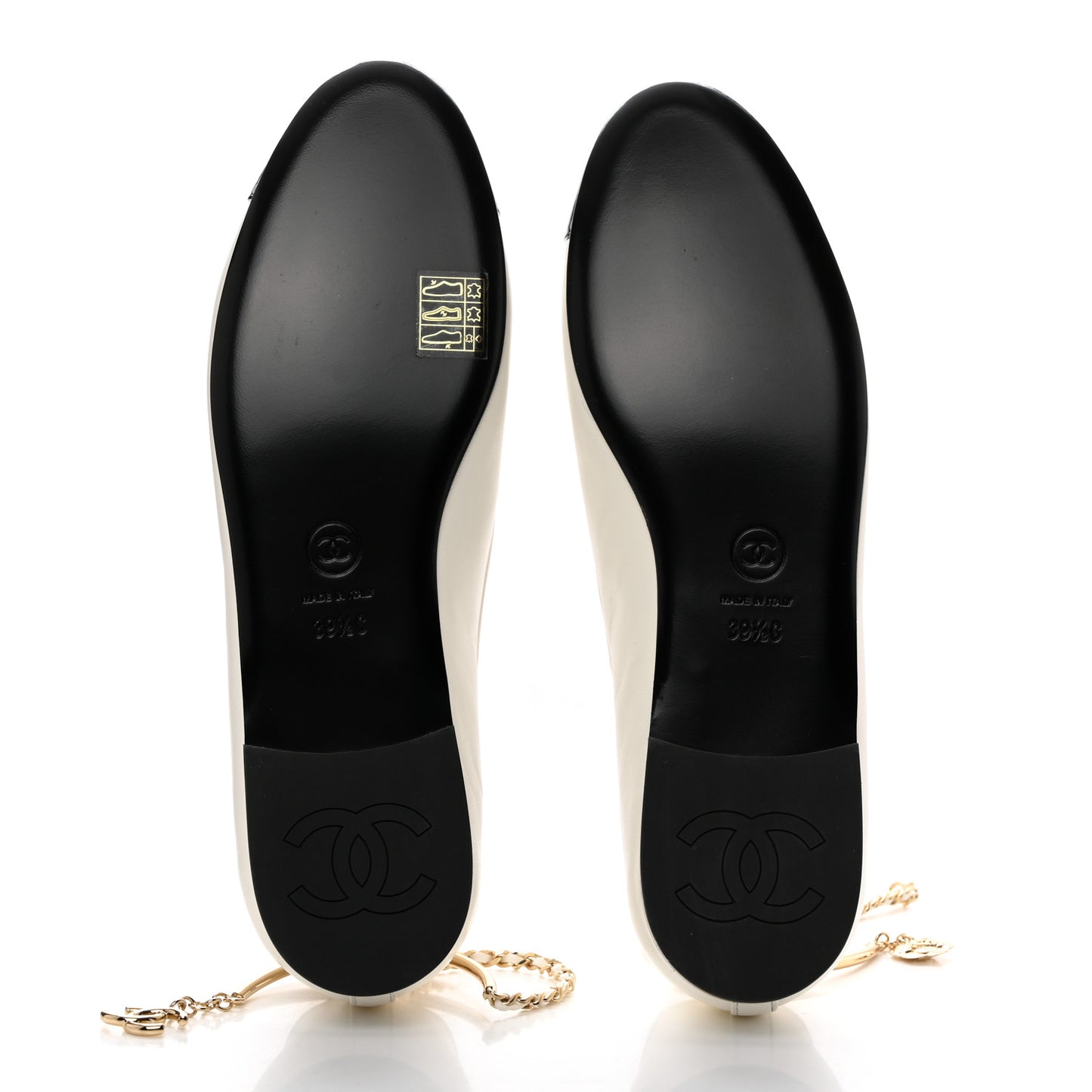 Lambskin Patent Calfskin Cap Toe Ankle Chain Ballerina Flats 39.5 White Black