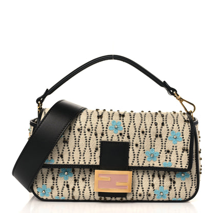 Fendi Raffia Vitello Crystal Floral Beaded Medium Baguette Natural Multicolor 1 of 7