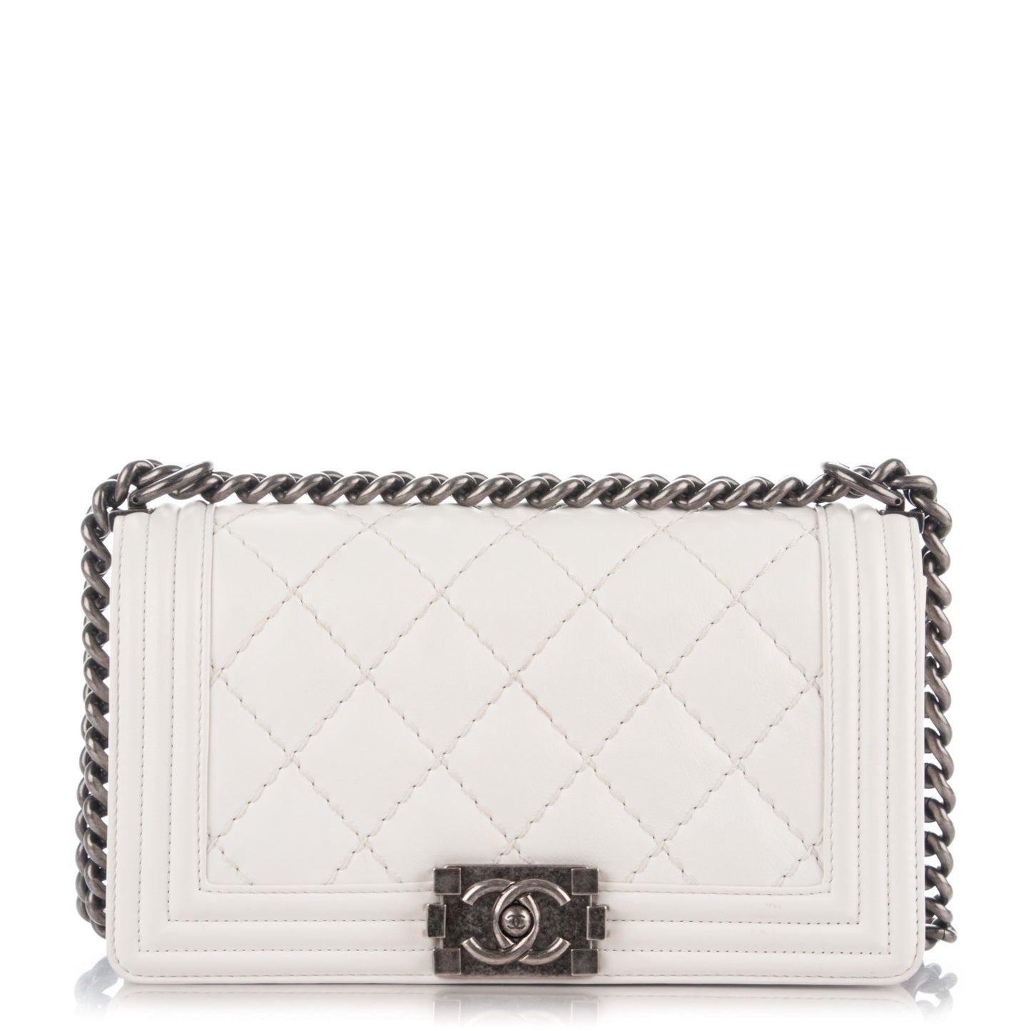 Calfskin Stitched Medium Boy Flap White