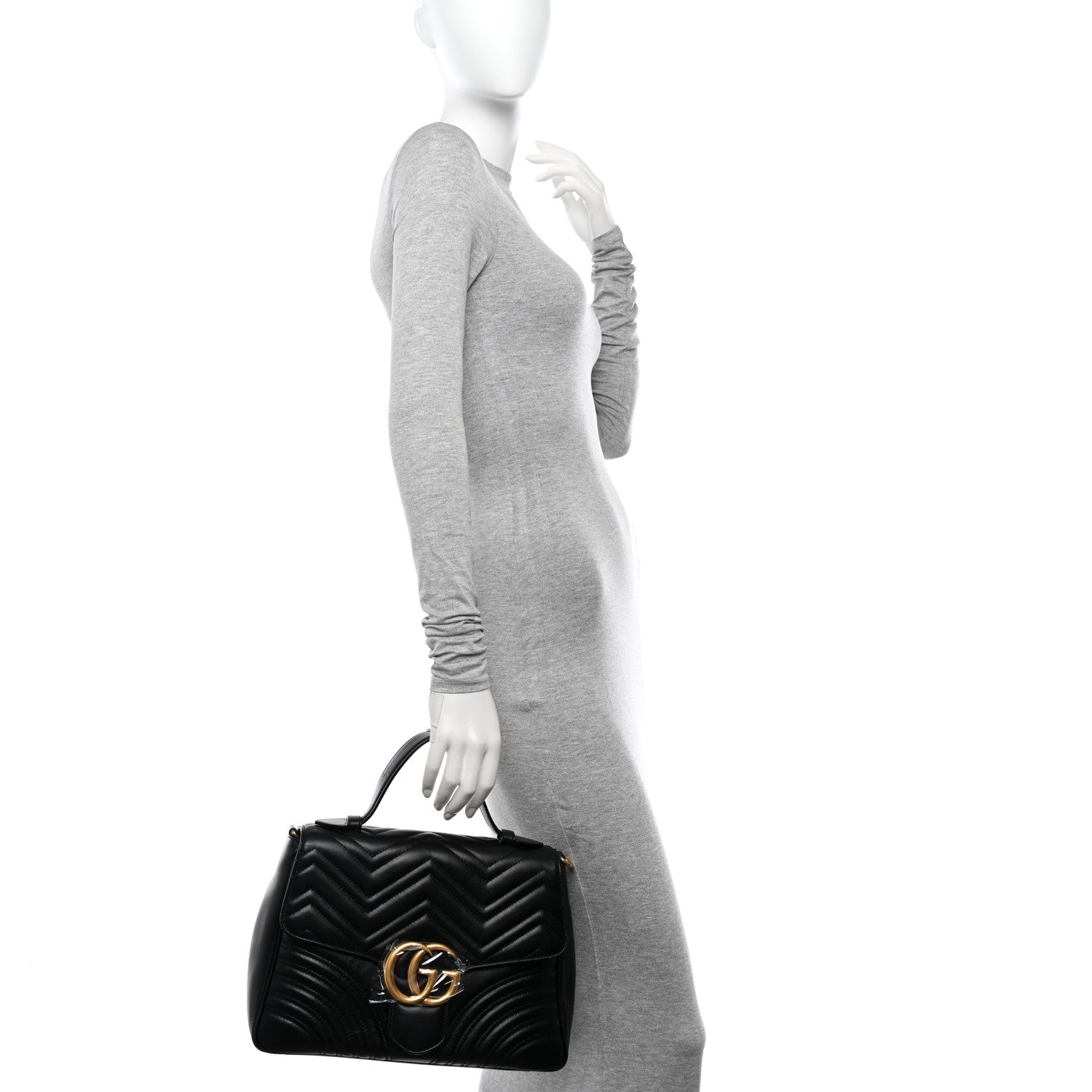 Gucci Calfskin Matelasse Medium GG Marmont Top Handle Shoulder Bag Black 2 of 10