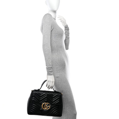 Gucci Calfskin Matelasse Medium GG Marmont Top Handle Shoulder Bag Black 2 of 10
